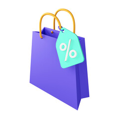 3d render of shopping bag with percent, discount offer, clearance sale, isolated on white background