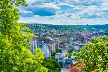 Germany, Stuttgart city houses and roofs of the cityscape, aerial drone view above the skyline of...