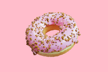 Closeup Doughnut topping with almond Icing sweet isolated floating on pink background. Minimal Food Idea concept 3D Rendering.
