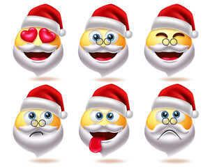 Santa claus smiley christmas character vector set. Santa claus emoji characters in thinking, sad and inlove facial expression for xmas smileys avatar collection design. Vector illustration 
