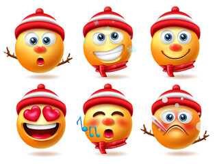 Snowman smiley christmas characters vector set. Snow man smileys 3d character in sick, inlove and singing facial expressions for winter xmas emoji collection design. Vector illustration  
