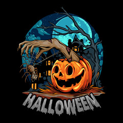 halloween with pumpkin giving out zombie hands with scary spider