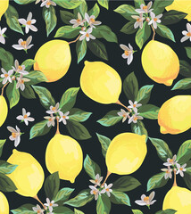 Lemon vector pattern. Seamless botanical illustration. Tenplate for bar, cafe, restaurant, print design.