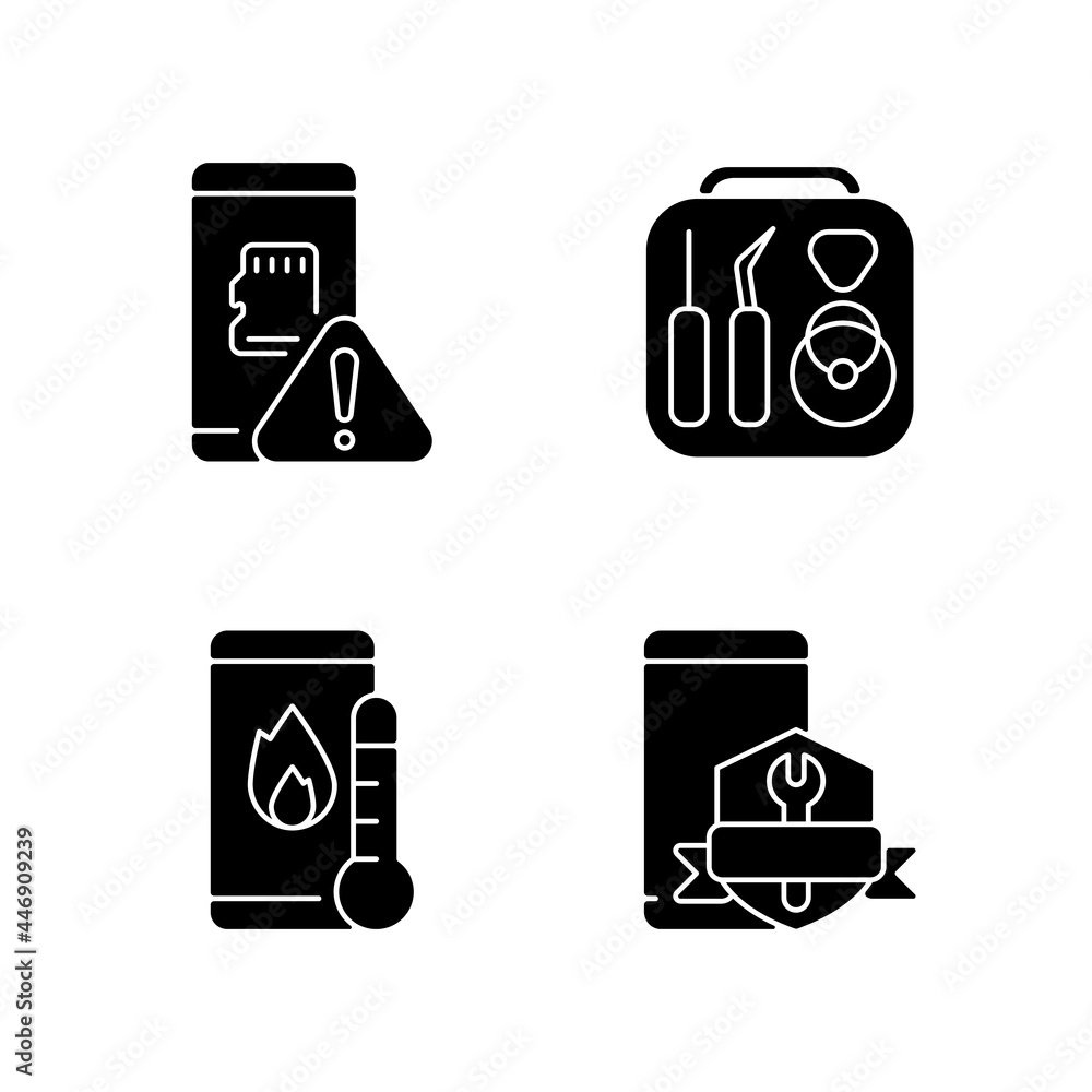 Poster cellphone recovery related black glyph icons set on white space. device fixing service. phone common