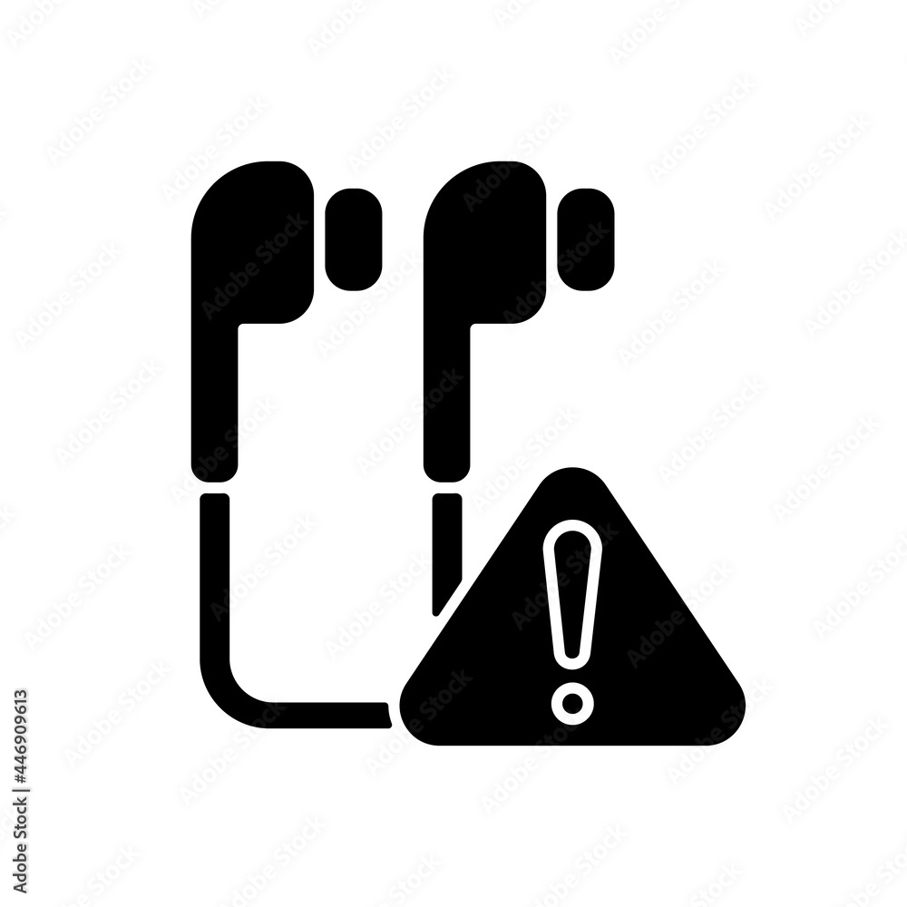 Sticker Broken earphones black glyph icon. Headphone plug problem. Distorted or fuzzy sound. Earbuds connection issue. Sound malfunction. Silhouette symbol on white space. Vector isolated illustration