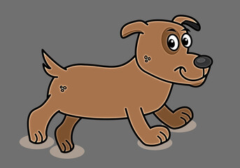 A cute little brown dog walking outdoors at night with shadow - illustration