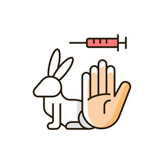 No rabbit testing RGB color icon. Ban for harmful clinical trials on hares. Protect pets from experimentations. Alternative to animal testing. Isolated vector illustration. Simple filled line drawing