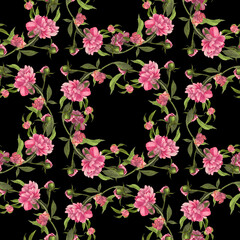 Watercolor. Flowers and buds of a pink peony. Collage of flowers, leaves and buds on a watercolor background. Decorative composition on a watercolor background. Seamless pattern.