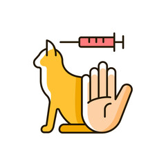 No cat testing RGB color icon. Prevent drug injection. Stop experiments on animal. Avoid chemical research. Alternative to clinical trials. Isolated vector illustration. Simple filled line drawing