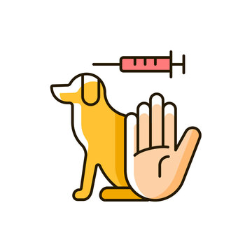 No dog testing RGB color icon. Stop experiments on animal. Avoid chemical research on pet. Protection for dogs from clinical trials. Isolated vector illustration. Simple filled line drawing