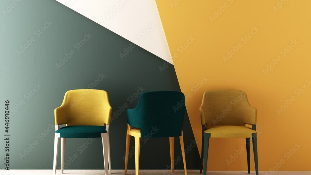 Poster yellow and green color chairs, sofa, armchair in empty background. surrounding by geometric shape co
