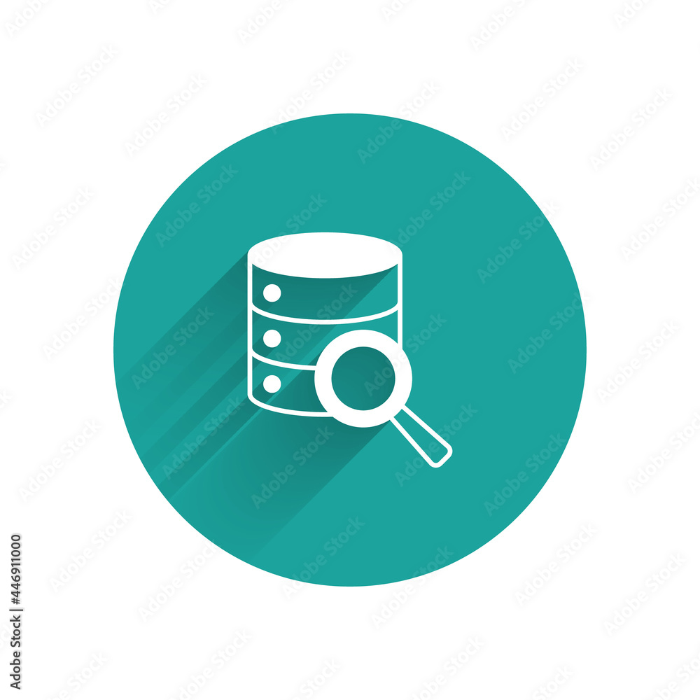 Poster white server, data, web hosting icon isolated with long shadow background. green circle button. vect