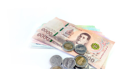 money banknote thai baht on white background, savings money and financial business concept, copy space