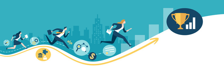 The winner. Workers run along the yellow line leading to the goal. Business vector concept illustration