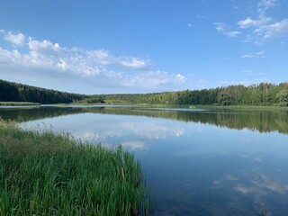the smooth surface of the Volga river in the bay reeds and reeds