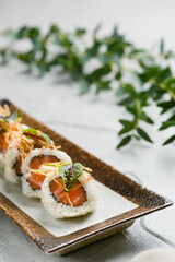 roll with salmon and microgreen on ceramic plate closeup with copy space