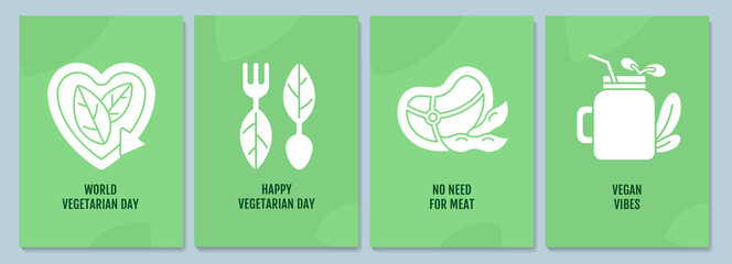Vegetarian movement greeting cards with glyph icon element set. Creative simple postcard vector design. Decorative invitation with minimal illustration. Creative banner with celebratory text