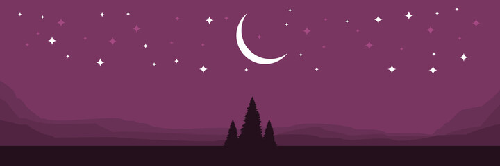 Obraz na płótnie Canvas crescent moonrise with pine tree silhouette vector illustration for web banner, ads banner, tourism banner, wallpaper, background template, and adventure design backdrop