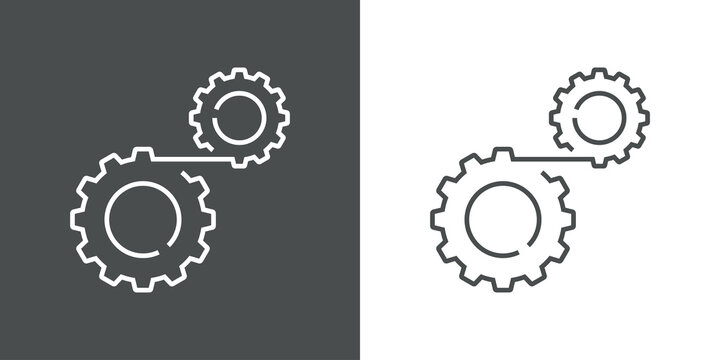 Maquinaria industrial. Logotipo 2 engranajes con cintur&oacute;n con lineas en fondo gris y fondo blanco