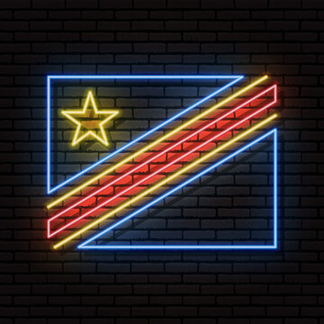 Neon sign in the form of the flag of Democratic Republic of the Congo. Against the background of a brick wall with a shadow. For the design of tourist or patriotic themes. The African continent