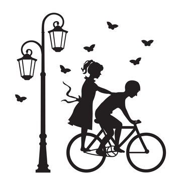 Brother And Sister Cycling Through Park Lights And Flocks Of Butterflies, Vector Illustration,