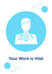 Medical professionalism greeting card with glyph icon element. Creative simple postcard vector design. Decorative invitation with minimal illustration. Creative banner with celebratory text