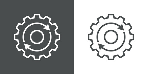 Maquinaria industrial. Icono plano engranaje con flechas girando con lineas en fondo gris y fondo blanco