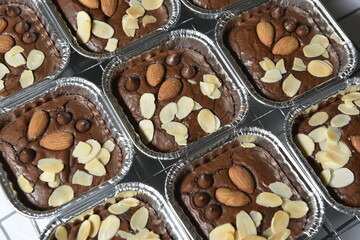 Fresh homemade fudge chocolate brownies with Chocolate and Almond.