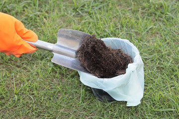 Wearing orange rubber gloves, use a shovel to scoop the soil into black plastic pots lined with white plastic bags on grass