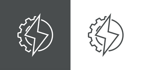 Energía electrica. Icono plano engranaje con círculo con rayo con lineas en fondo gris y fondo blanco
