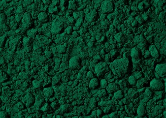 Green powder background. Spirulina powder close up. Detox superfood.
