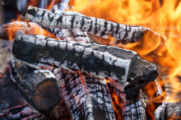 Burning wood and a fire in the fireplace