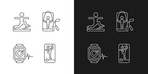 Online fitness gym trends linear icons set for dark and light mode. Stretching and jumping. Fitness tracker. Customizable thin line symbols. Isolated vector outline illustrations. Editable stroke