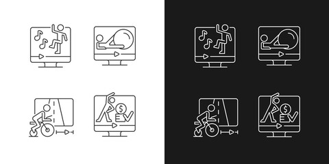Online fitness athletic trainings linear icons set for dark and light mode. Virtual dance and cycling workouts. Customizable thin line symbols. Isolated vector outline illustrations. Editable stroke