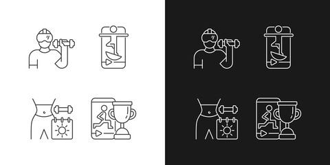 Online fitness marathons and challenges linear icons set for dark and light mode. Way skill improvement. Customizable thin line symbols. Isolated vector outline illustrations. Editable stroke