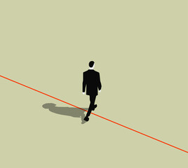 Walking businessman crossing the red line. Business risk or out of frame or corruption concept. Vector illustration