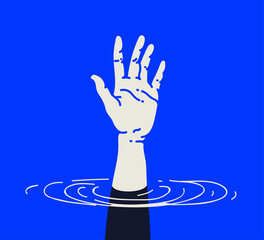Outstretched drowning human hand, in need of urgent help or support. Crisis concept. Isolated on blue background. Vector illustration