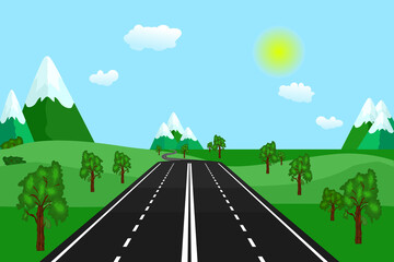 Country road in green field and mountains. Summer or spring landscape.Roadway, green hills, blue sky, meadow and mountains. Empty speedway with green valley.Travel background.Stock vector illustration