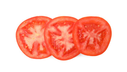 Slices of ripe tomato on white background, top view