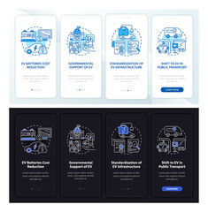 Electric car theme onboarding mobile app page screen. EV motives walkthrough 5 steps graphic instructions with concepts. UI, UX, GUI vector template with linear night mode illustrations