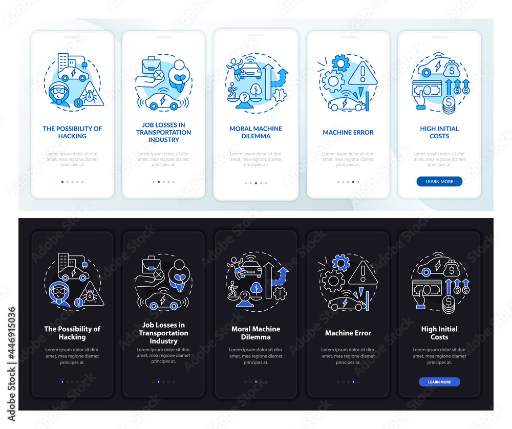 Poster driverless possible losses onboarding mobile app page screen. av warnings walkthrough 5 steps graphi