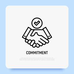 Commitment, approved, partnership, collaboration, resolution thin line icon. Handshake with tick. Vector illustration.