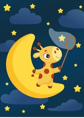 Cute little giraffe stand on moon, catch stars with butterfly net. Cartoon character for kids room decoration, nursery art, birthday party, baby shower. Bright colored stock vector illustration