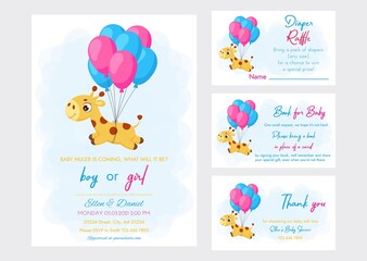 Baby Shower printable party invitation card template Baby boy or girl with Diaper Raffle, Book for baby and Thank you card. Invitation set with cute little giraffe flying on balloons.