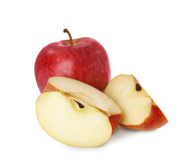 Whole and cut apples on white background