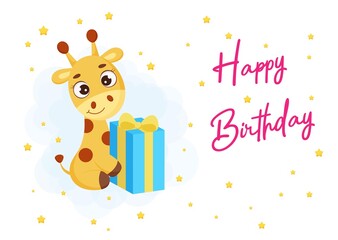 Happy Birthday printable party greeting card template with cute little giraffe sitting with gift box. Bright colored stock vector illustration