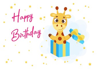 Happy Birthday printable party greeting card with cute little giraffe jumping from gift box. Birthday party invitation card template. Bright colored stock vector illustration