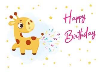 Happy Birthday printable party greeting card with cute little giraffe pooping confetti. Birthday party invitation card template. Bright colored stock vector illustration