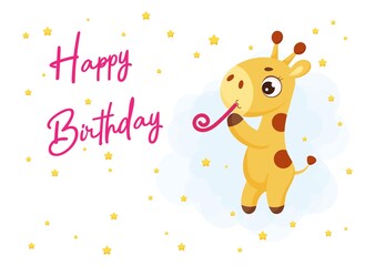 Happy Birthday printable party greeting card with cute little giraffe with celebration pipe. Birthday party invitation card template. Bright colored stock vector illustration