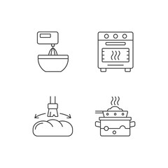 Cookery linear icons set. Beating as cooking instruction. Bake in oven. Food preparation process. Customizable thin line contour symbols. Isolated vector outline illustrations. Editable stroke